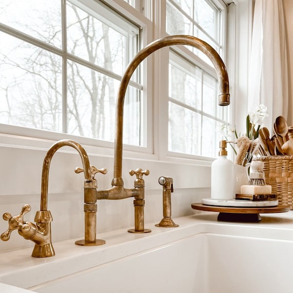Unlacquered Brass Kitchen Faucet, Solid Brass 8 Bridge Faucet With Cross  Handles and Straight Legs 