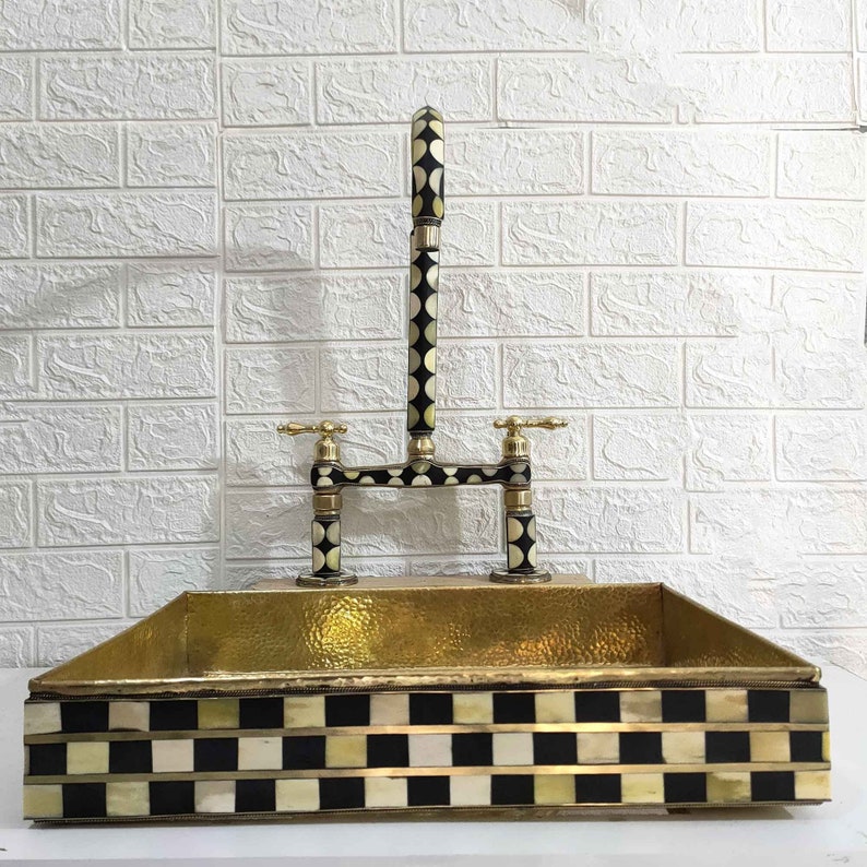 Moroccan Brass Bridge Faucet With Linear legs & Lever Handle Style - Bone and Black Resin Design - Kitchen Faucet image 1