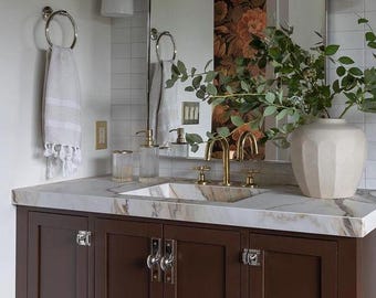 Unlacquered Brass Deck Mounted Faucet, Gooseneck Bathroom Faucet, Antique Brass Faucet for Sink Bathroom, Vanity Bathroom 3 hole Faucet