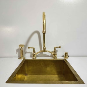 Unlacquered Brass Bridge Faucet, Pure Brass V Bridge Kitchen Faucet, Spray Side, Brass Soap dispenser image 3