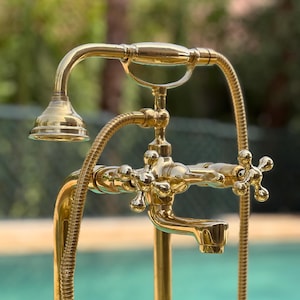 Unlacquered Brass Tub Filler, Solid Brass Floor Mount Tub Filler, freestanding tub Faucet for Bathroom