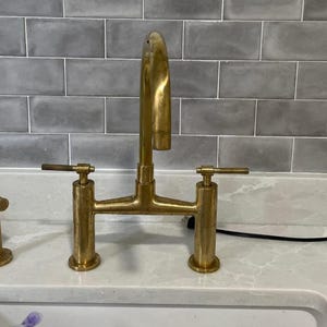 Unlacquered Brass Kitchen Faucet With Sprayer, Solid Brass 8&quot; Bridge faucet with Lever Handles - Sprayer Included