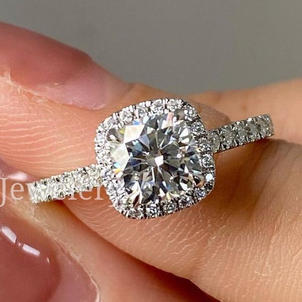 1.5 CT Halo Engagement Ring Cushion Cut Moissanite Diamond Statement Ring 10K White Gold Classic Art Deco Anniversary Promise Wedding Ring