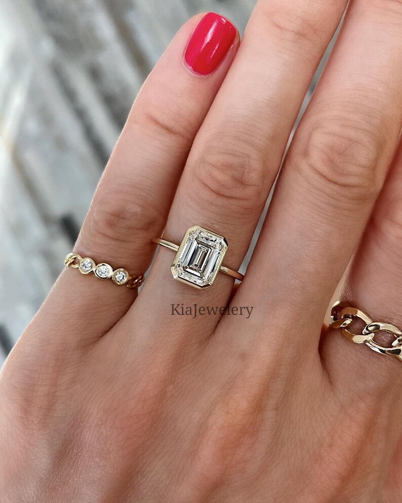 Bezel Set Ring 2.50CT Emerald Cut Moissanite Engagement Ring Etsy