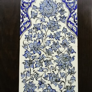 Arte de parede em azulejo cerâmico turco pintado à mão - Padrão de lótus azul e branco - Painel de esmalte tradicional de 20 x 40 cm - Painel de azulejos - Decoração de parede - Decoração para casa