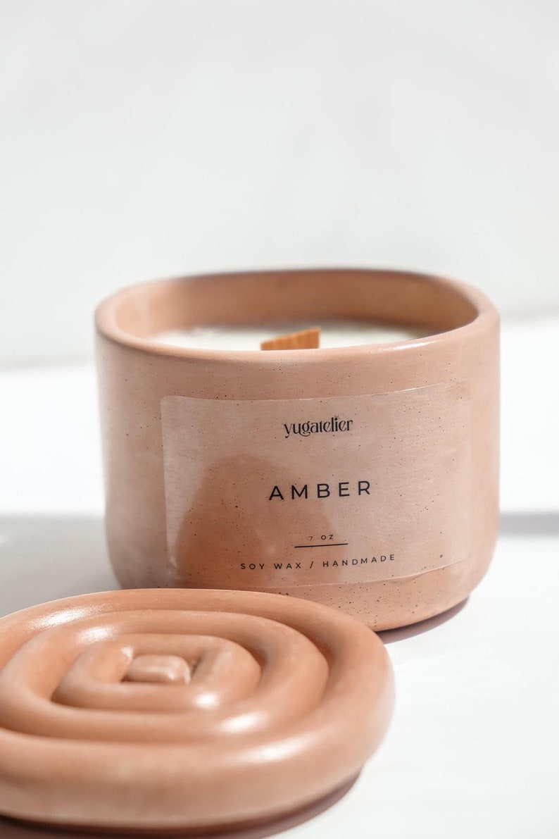 Amber Scented Soy Wax Candle / Wood Wick Candle/ Concrete Jar, Aromatic Scented Candle, Unique Jar Candles image 7