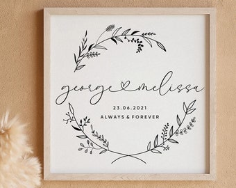 Personalized Couple Names Floral Heart Print, Wedding Anniversary Gift (Digital Download)
