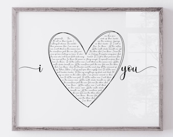 Custom Song Lyrics Heart Print, Anniversary Gift, Valentines Day, Valentines Gift for her, Wall Decor, Housewarming Gift, Wedding Gift