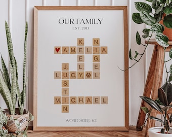 Personalized Family Scrabble Tile Print, Custom Anniversary Gift, Valentines Day, Valentines Gift for her, Wall Decor, Housewarming Gift