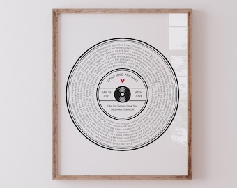 Aangepaste songteksten vinylplaat print, jubileumcadeau, Valentijnsdag, valentijnscadeau voor haar, wanddecoratie, housewarmingcadeau