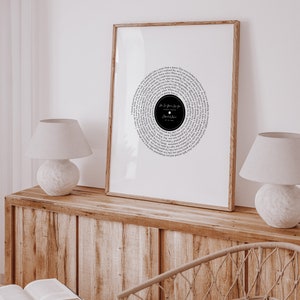 May include: A framed print featuring a circular design resembling a vinyl record. The design is composed of song lyrics in a circular pattern around a black center with text. The frame is a light brown color.