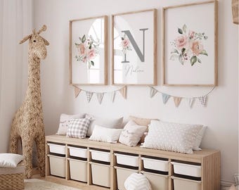 Floral Nursery Wall Art, Personalized Name Print, Custom Initial Print, Girl Name Print, Boho Baby Girl Nursery Decor, Watercolor Flowers