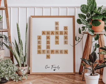 Personalisierter Familien-Scrabble-Druck, Kreuzworträtsel-Scrabble-Druck, Scrabble-Fliesendruck, personalisierter Familienname-Druck, Muttertagsgeschenk