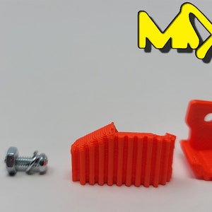 May include: Two orange 3D printed parts, one with a textured surface and the other with a hole, and two silver metal screws with nuts.