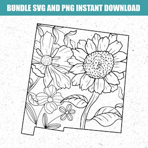 May include: Black and white floral design with the text "BUNDLE SVG AND PNG INSTANT DOWNLOAD". The design features detailed outlines of various flowers and leaves, suitable for digital crafting projects.