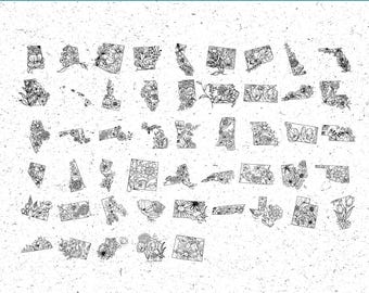 May include: Black and white floral designs of US state outlines. Each state is filled with detailed floral patterns. The text "BUNDLE SVG AND PNG INSTANT DOWNLOAD" is at the top of the image.