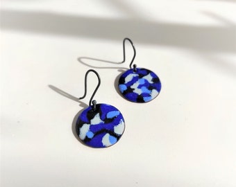 Handmade Enamel Earrings: Sterling Silver, Blue Abstract Design