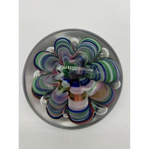 Vtg shops Joe Rice St Claire Hand Blown Art Glass Multi Color Ribbon Claw Paper Weight