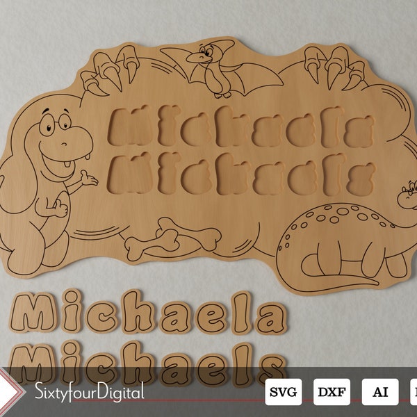 2 Name Puzzles with Dinosaurs - Laser Cut Files - Glowforge - Instant Download - Newborn Baby Gift