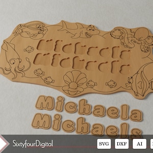 3 Name Puzzles with Fish- Laser Cut Files - Glowforge - Instant Download - Newborn Baby Gift