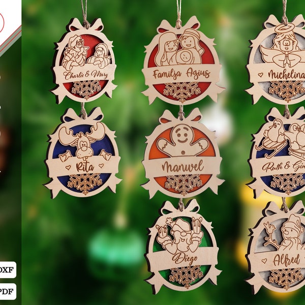 8 Cartoon Custom baubles - Laser Cut Files - Glowforge - Instant Download - Christmas decoration