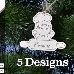 5 Customisable name Gingerbreads Christmas tree ornaments - Laser Cutting Files - Instant Download - Glowforge