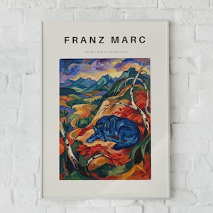 Affiche Loup Bleu de Franz Marc, estampe animalière expressionniste, décoration murale colorée