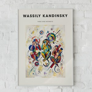May include: A framed art print featuring Wassily Kandinsky's Three Wise Monkeys. The artwork displays three stylized monkeys in vibrant, geometric, and abstract shapes, with one covering its eyes, ears, and mouth, surrounded by colorful lines and circles.