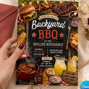Könnte beinhalten: Eine Einladung zum Grillen im Garten mit rustikalem Design. Die Einladung zeigt Bilder von gegrillten Speisen, darunter Burger, Rippchen und Mais. Der Text lautet "Kommen Sie mit uns zu einem Grillfest im Garten bei Miller" mit Datum, Uhrzeit und RSVP-Informationen.