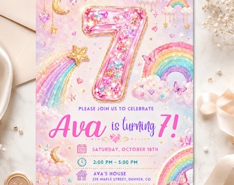Sequin 7th Birthday Invitation, Glitter Sequins Number Birthday Invite, Sparkly Heart Party Template, Purple Hearts Birthday, Canva Template