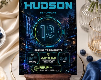 Neon 13th Birthday Invitation, Glow Party Invite, Teen Birthday Party, Gaming Laser Tag Canva Template