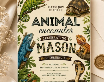 Reptile Birthday Invitation Editable Template, Lizard Nature Theme Boy Printable Invite, Zoo Animal Encounter Party, Editable Canva Template