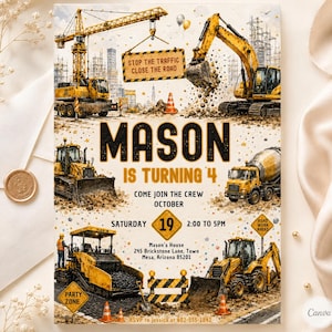 May include: A construction-themed birthday party invitation featuring yellow construction vehicles, including a crane, excavator, and bulldozer. The invitation reads "MASON IS TURNING 4" with event details and RSVP information.