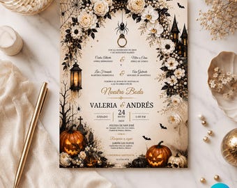 Invitación de Boda Halloween en Español, Elegant White Floral Wedding Invitation, Gothic Editable Canva Template, Spanish Wedding Canva