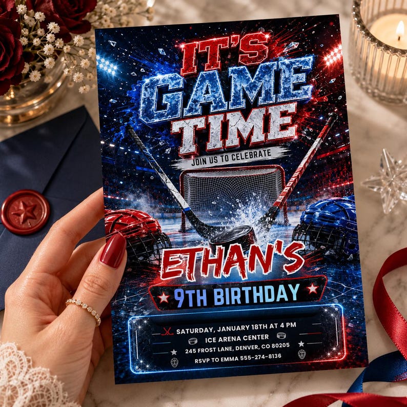May include: A hockey-themed birthday invitation with the text "IT'S GAME TIME" in red and blue. The invitation includes hockey sticks, a net, and helmets. The text "ETHAN'S 9TH BIRTHDAY" is also displayed. Additional details include the date, time, and location.