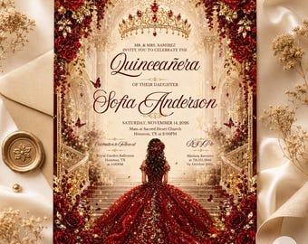 Editable Red Roses Quinceañera Invitation Template, Red Gold Black Mis Quince Invite, Elegant Canva Invitation, Quinceañera Digital Download