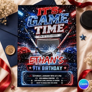 May include: A hockey-themed birthday invitation with a blue and red color scheme. The text "IT'S GAME TIME" is prominently displayed, along with "ETHAN'S 9TH BIRTHDAY." Details include the date, time, and location.