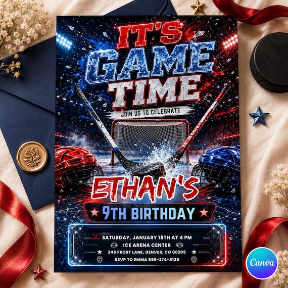 Ice Hockey Birthday Invitation Template, Its Game Time Hockey Stadium Party Invite Boy, Editable Neon Hockey Canva Instant Download