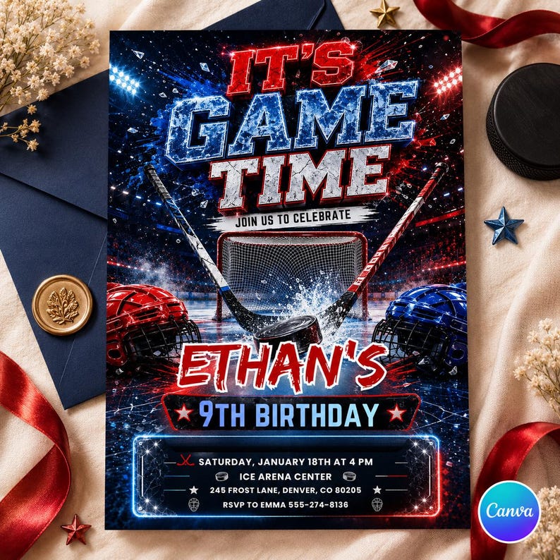 May include: A hockey-themed birthday invitation with a blue and red color scheme. The text "IT'S GAME TIME" is prominently displayed, along with "ETHAN'S 9TH BIRTHDAY." Details include the date, time, and location.