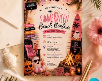 Summerween Beach Bonfire Birthday Invitation, Halloween Beach Party Invite, Spooky Summer Birthday, Editable Canva Template