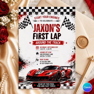May include: A rectangular invitation card featuring a red race car with the number 21, black and white checkered flags, and red paint splatter accents. The text reads: Start Your Engines to Celebrate Jaxon's First Lap Around the Track.