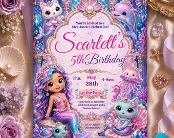 Mermaid Birthday Invitation Girl | Watercolor Mermaid Party Invite | Under the Sea Birthday | Pink Purple Mermaid | Editable Canva Printable