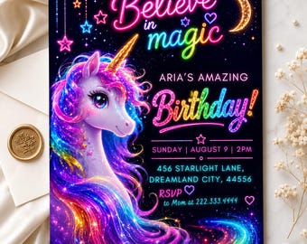Unicorn Rainbow Birthday Invitation, Believe in Magic Party, Editable Canva Template, Girls Birthday Invite, Magical Unicorn Theme, Canva