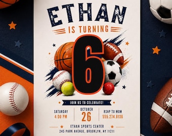 Sports Birthday Invitation, Editable Canva Template, Printable All-Star Party Invite, Multi-Sport Theme Birthday Card for Kids