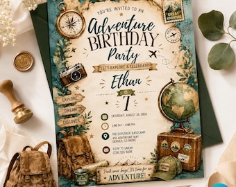 Adventure Birthday Invitation, Travel Birthday Party Invite, Explorer Birthday Invitation, Editable Canva Template, Digital Download