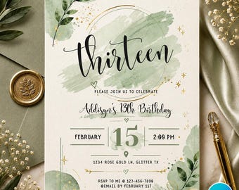13th Birthday Invitation | Teen Girl Green Invite | Editable Canva Template | Instant Download