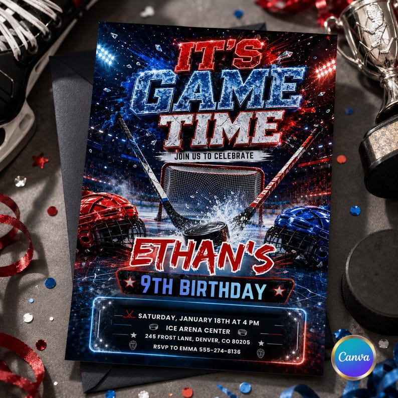 May include: A hockey-themed birthday invitation with the text "IT'S GAME TIME" in red and blue. The invitation includes hockey sticks, a net, and helmets. The text "ETHAN'S 9TH BIRTHDAY" is also displayed, along with event details.