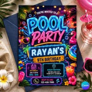 Invitation d'anniversaire modifiable à la piscine, invitation de bain néon phosphorescent pour garçons, modèle de toile d'anniversaire bleu vert piscine en téléchargement numérique Evite Boy