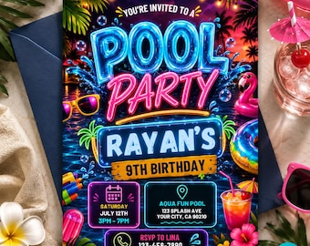 Editable Pool Party Birthday Invitation Neon Glow Swim Invite for Boys Blue Green Pool Birthday Canva Template Digital Download Evite Boy