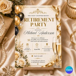 Op de afbeelding: Een uitnodiging voor een pensioenfeest voor Michael Anderson met gouden en zwarte ballonnen, crèmekleurige rozen en twee champagneglazen. De tekst luidt: The Next Chapter Begins, Retirement Party, Honoring Michael Anderson, 20 september 2026.